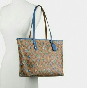 Khaki & Blue Floral City Zip Tote